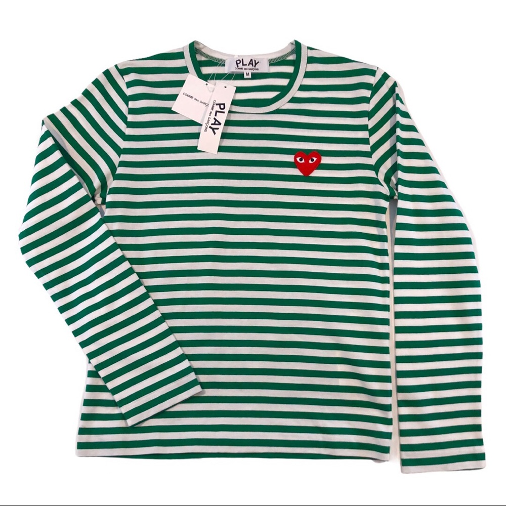 CDG PLAY LONG SLEEVE HEART LOGO STRIPE TEE M - Picture 3 of 10